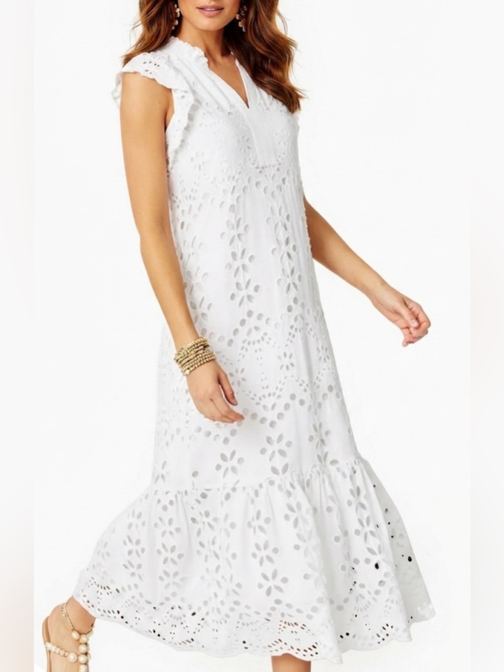 Lilly Pulitzer Klaudie White Ruffle Sleeve Eyelet Rush Grad Midi Dress Repaired